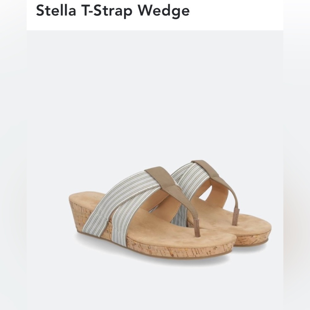Market & Spruce Stella T-Strap Wedge Sandals 2 inch heel Tan and blue size 8